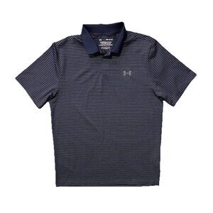 Under Armour Performance Golf Polo Shirt Men Medium Navy Blue White Stripe Loose